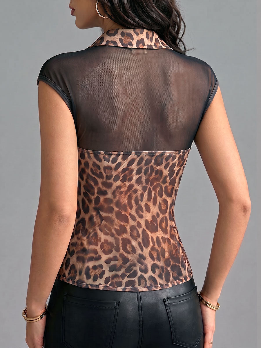 Dames top met luipaardprint, mouwloos, casual, losvallend, met mesh-inzet en kraag