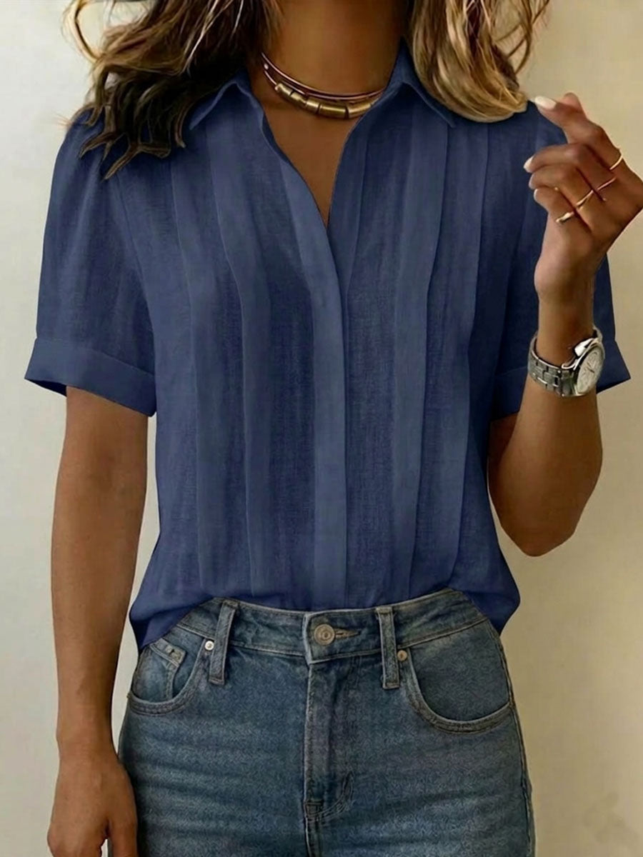 Camicia da donna con colletto, maniche corte, casual, ampia, plissettata, in cotone e lino