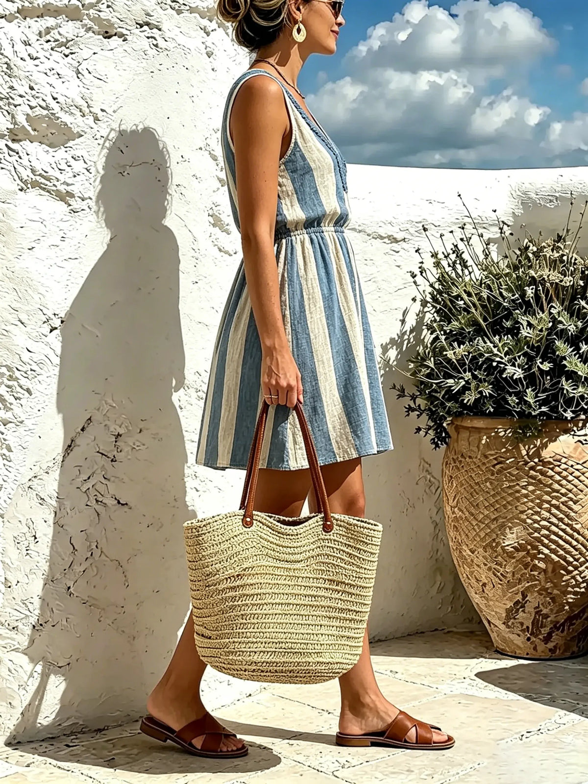 Women's Blue White Vertical Stripe Sleeveless Mini Dress
