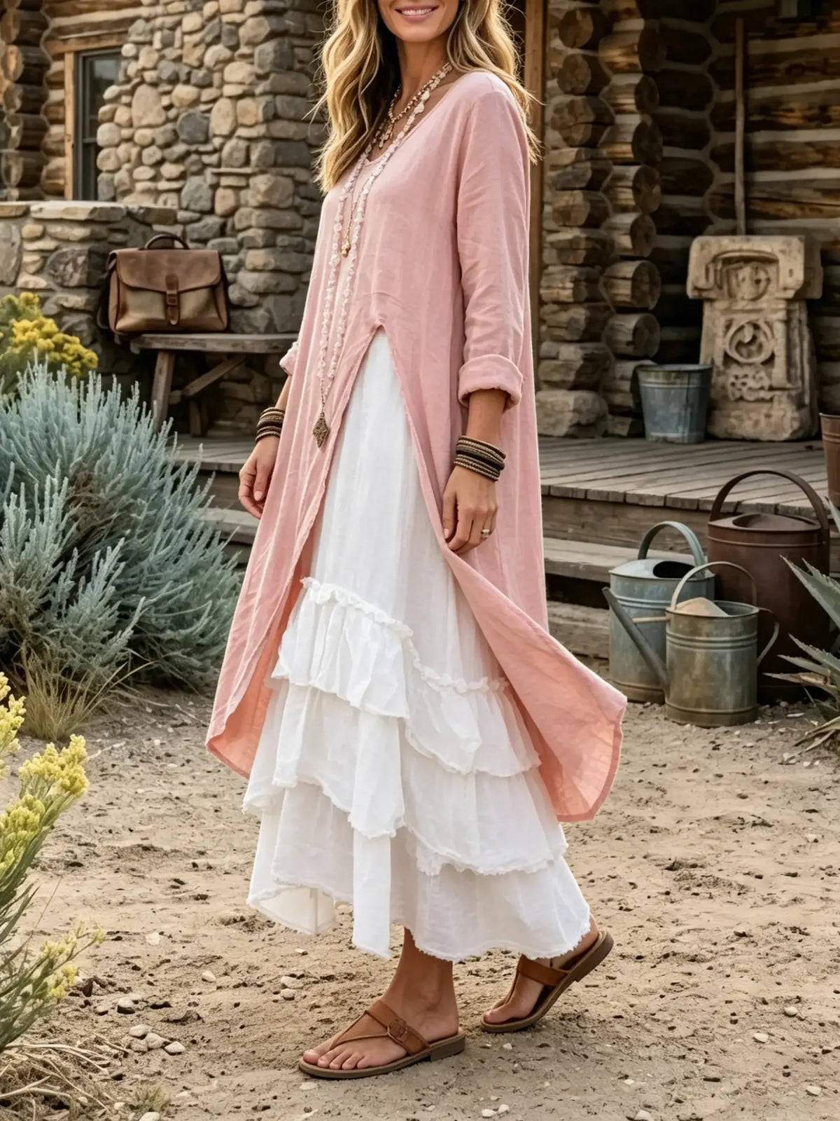 Set due pezzi donna con cardigan lungo aperto davanti e vestito a balze a più strati