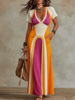 Vestido Maxi Elástico de Manga Curta com Decote em V e Blocos de Cor para Mulher, com Bolsos