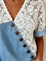 Dames effen bloemen kant gesplitst denim diagonaal knoop kort mouw top