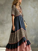 Women's Leopard Stripe Spliced V-Neck Tiered Maxi Dress