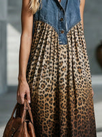 Abito lungo da donna in denim senza maniche con colletto, stampa leopardata a patchwork e tasche laterali