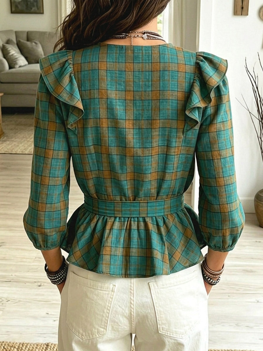 Damenhemd aus Baumwoll-Leinen mit kariertem Muster, Rüschen und lässigem, stilvollem Design