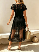 Vestido Midi Feminino de Renda Lisa com Decote em V Transparente