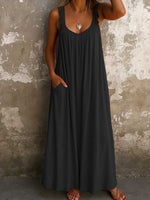 Vestito casual da donna senza maniche, collo quadrato, tinta unita, in cotone e lino, ampio