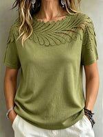 Women’s Feather Cutwork Lace Shoulder Short Sleeve Soft Knit Tee