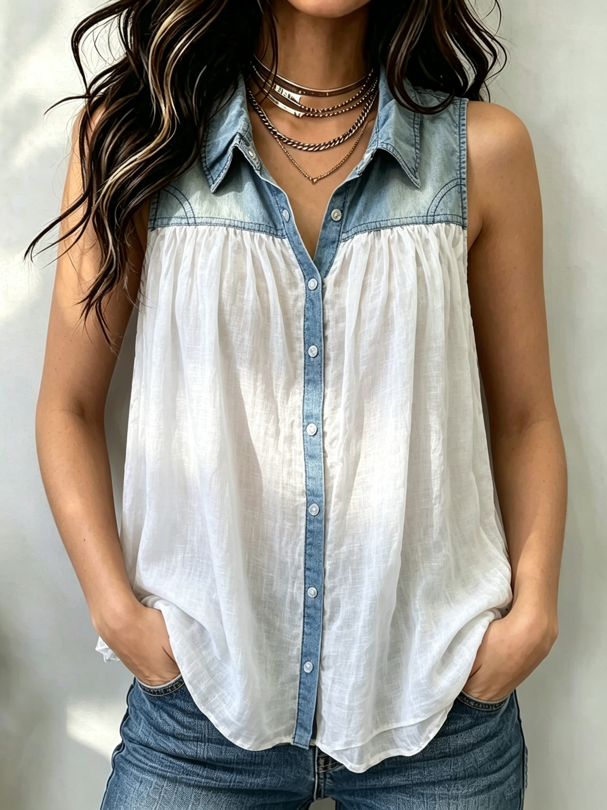 Ärmelloses Damen-Top aus Denim mit Patchwork und Knopfleiste