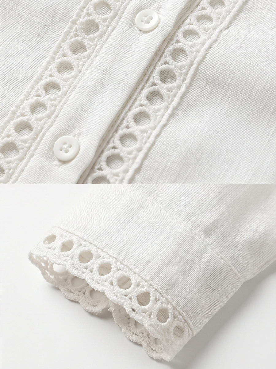 Camicia casual a maniche lunghe in lino e cotone con inserto in nastro traforato