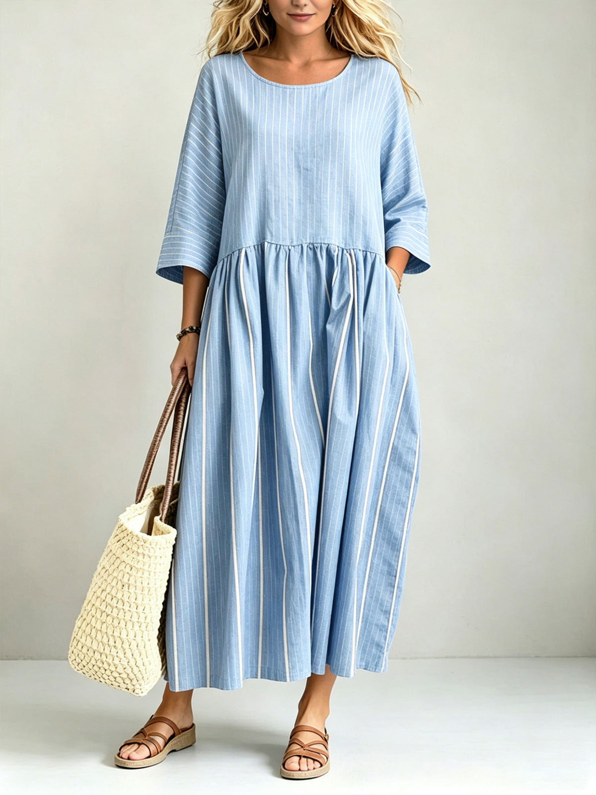 Damen Midi-Kleid aus Leinenmischung mit vertikalen Streifen, 3/4-Ärmeln, gerafft und locker, mit Taschen