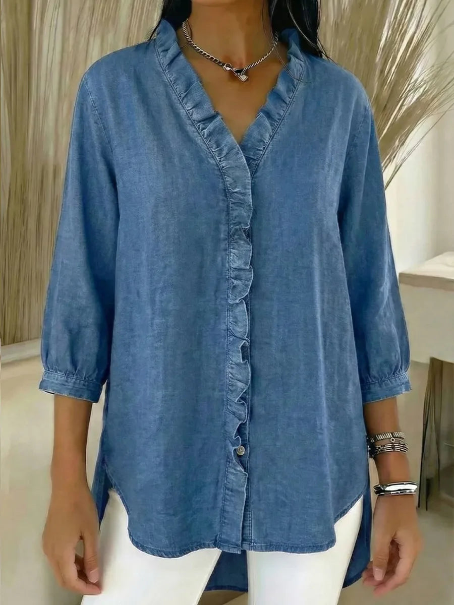 Damen Freizeit Denim V-Ausschnitt Rüschenshirt