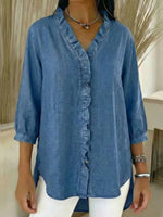 Damen Freizeit Denim V-Ausschnitt Rüschenshirt