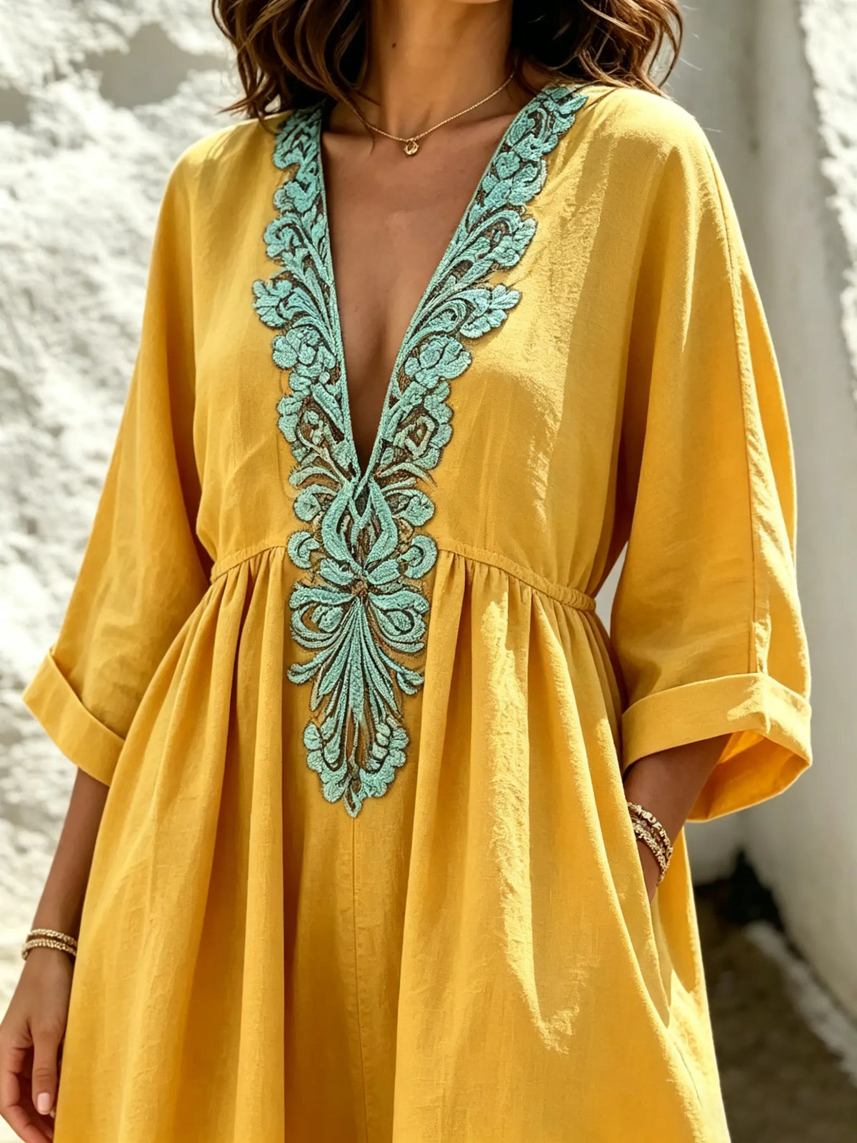 Damen Einfarbiges Mintgrünes Besticktes V-Ausschnitt Lockeres Kaftan Maxikleid