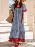 Red Cotton Midi Dress With Striped Paneling