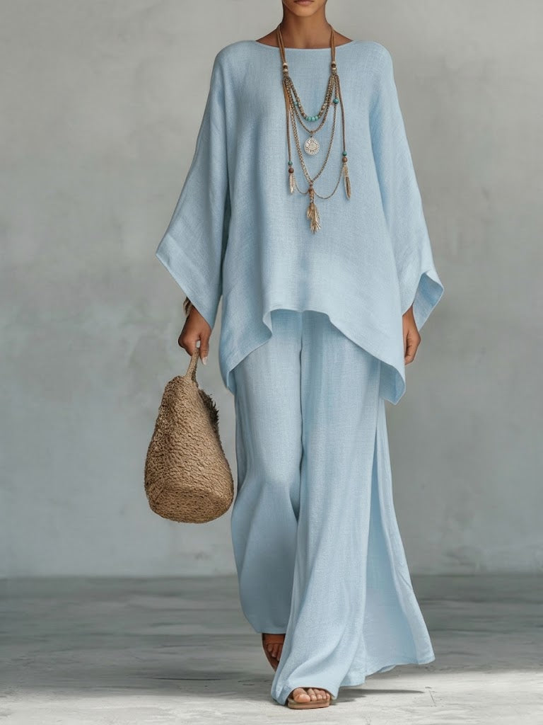 Set due pezzi da donna composto da top comodo e ampio in lino e cotone e pantaloni a gamba larga.