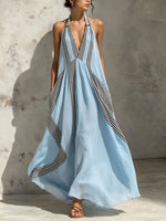Vestido Maxi Fluído com Alças ao Pescoço, Patchwork de Risca Vertical Contrastante para Mulher