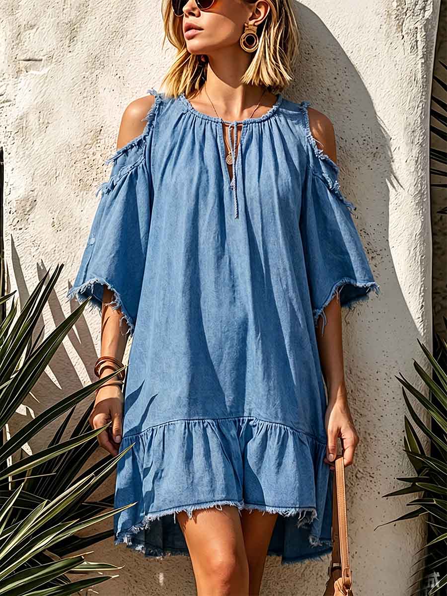 Lässiges Damen-Denimkleid in A-Linie mit Rundhalsausschnitt und 3/4-Ärmeln