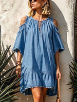 Lässiges Damen-Denimkleid in A-Linie mit Rundhalsausschnitt und 3/4-Ärmeln