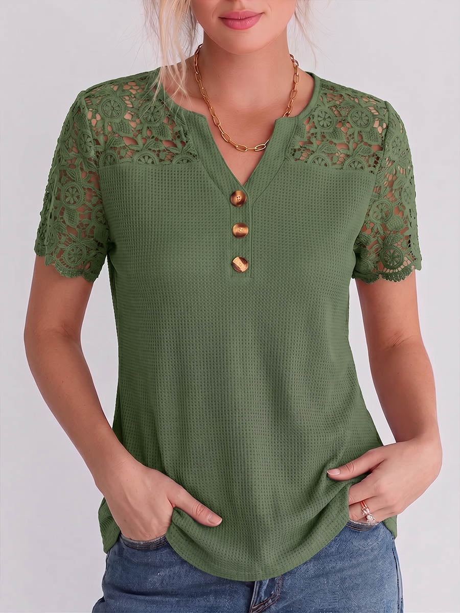 Damen Pullover mit V-Ausschnitt in Uni-Farbe, Waffelstrick, mit Spitzenstickerei – lässige, lockere Passform