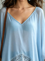 Blusa de gasa transparente para mujer con encaje y bajo asimétrico