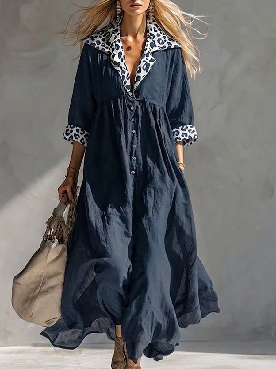 Maxikleid im Retro-Resort-Stil aus Leinen: V-Ausschnitt, Knopfleiste vorne, hoch tailliert mit Falten, mit Leopardenmuster-Einsätzen am Kragen und an den Manschetten; schmeichelhafte Passform
