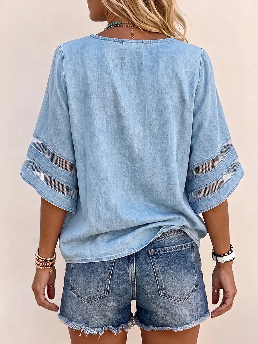 Blusa Chic de Mezclilla con Cuello en V y Cierre Frontal con Cremallera