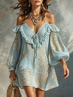 Damen Mini-Strandkleid mit Goldfolie, Leopardenmuster, Rüschen, schulterfrei und Puffärmeln