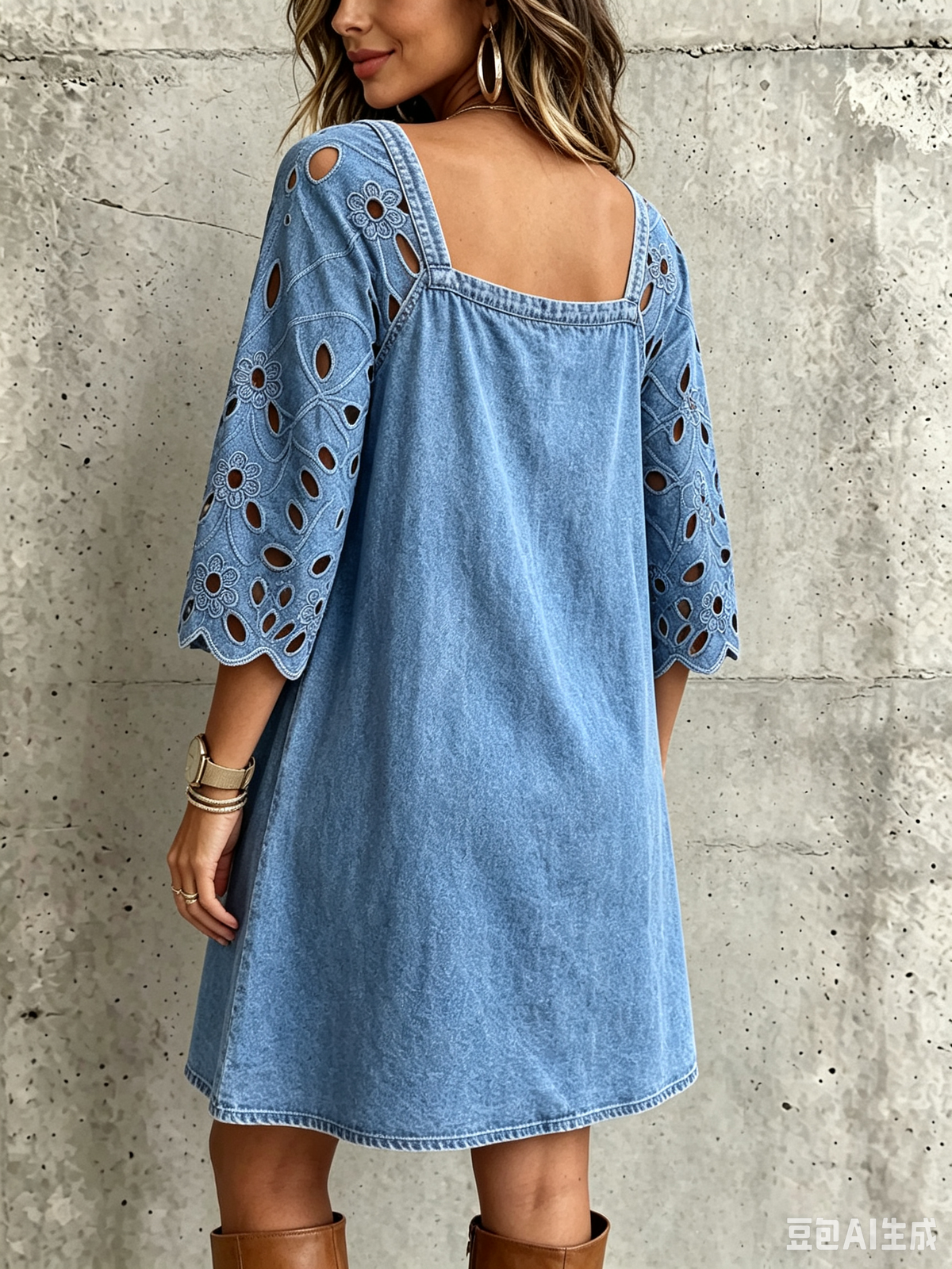 Boho-Chic Jeanskleid mit quadratischem Ausschnitt und floral bestickten Ärmeln