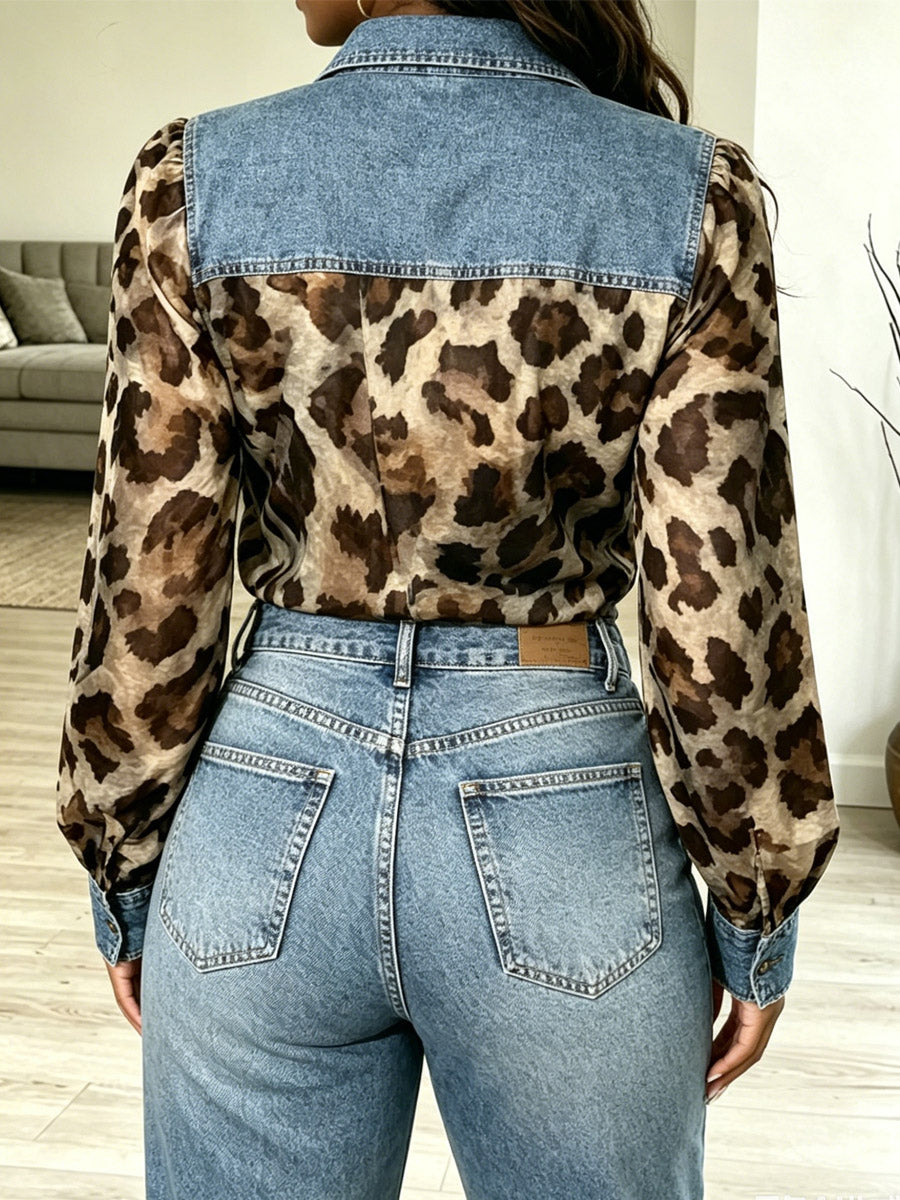 Damen Langarmshirt mit Leopardenmuster, Denim-Patchwork, künstlerisch, lässig und stylisch