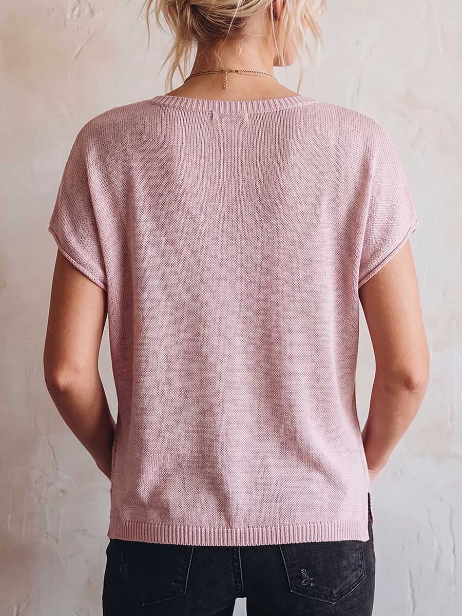 Damen V-Ausschnitt Kurzarm Lässiger Lockerer Strickpullover