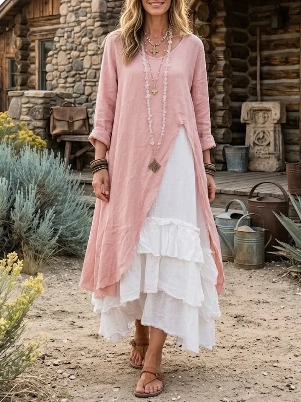 Set due pezzi donna con cardigan lungo aperto davanti e vestito a balze a più strati