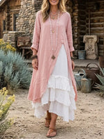 Set due pezzi donna con cardigan lungo aperto davanti e vestito a balze a più strati