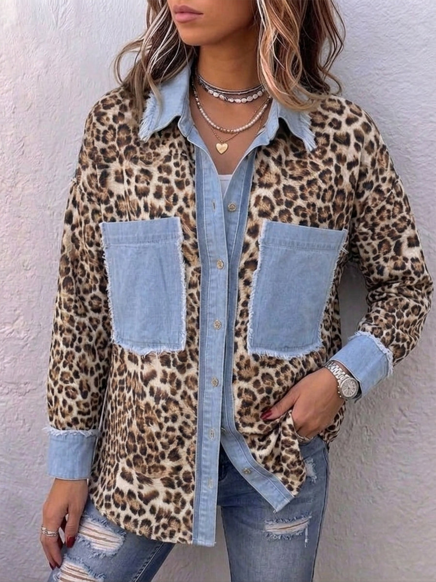Camisa de ganga casual de corte descontraído com painéis de padrão de leopardo