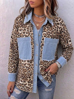 Camisa de ganga casual de corte descontraído com painéis de padrão de leopardo