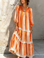 Dames gestreepte losse kunstzinnige casual stijlvolle maxi-jurk met V-hals en 3/4 mouwen