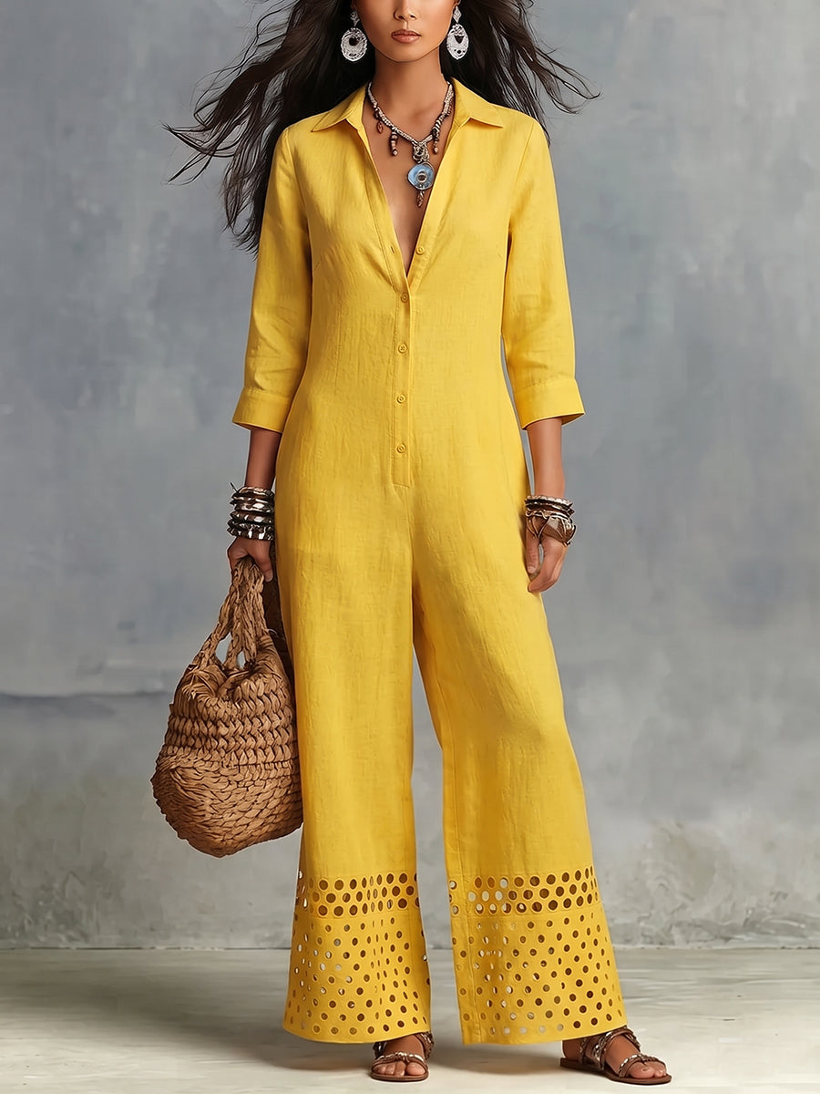 Boho-Chic Gelber Jumpsuit aus Baumwoll-Leinen mit ausgeschnittenen Säumen