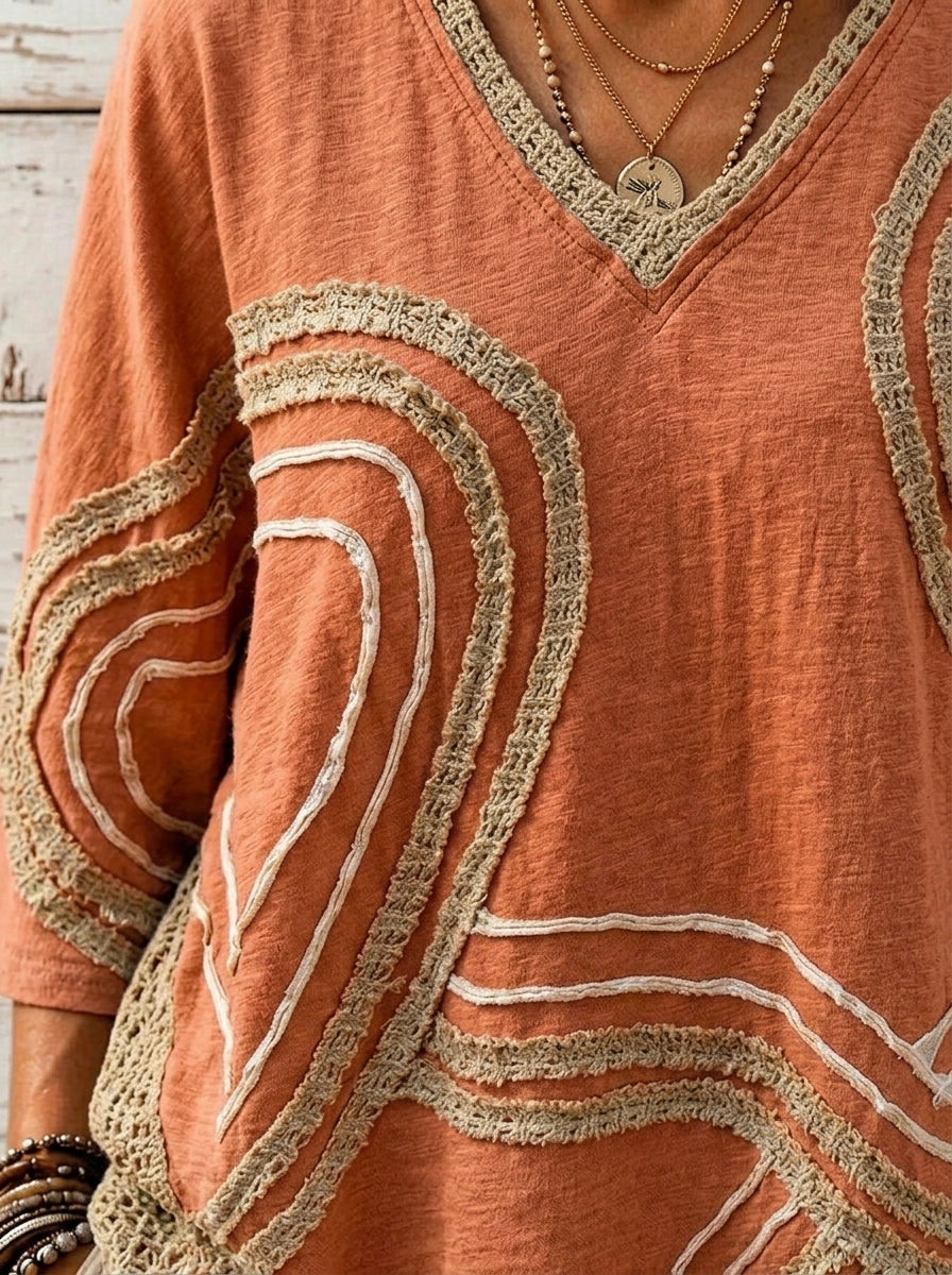 Damen Bluse im Boho-Stil mit V-Ausschnitt, Fransen, Stickerei, 3/4-Ärmeln und Rostfarbe