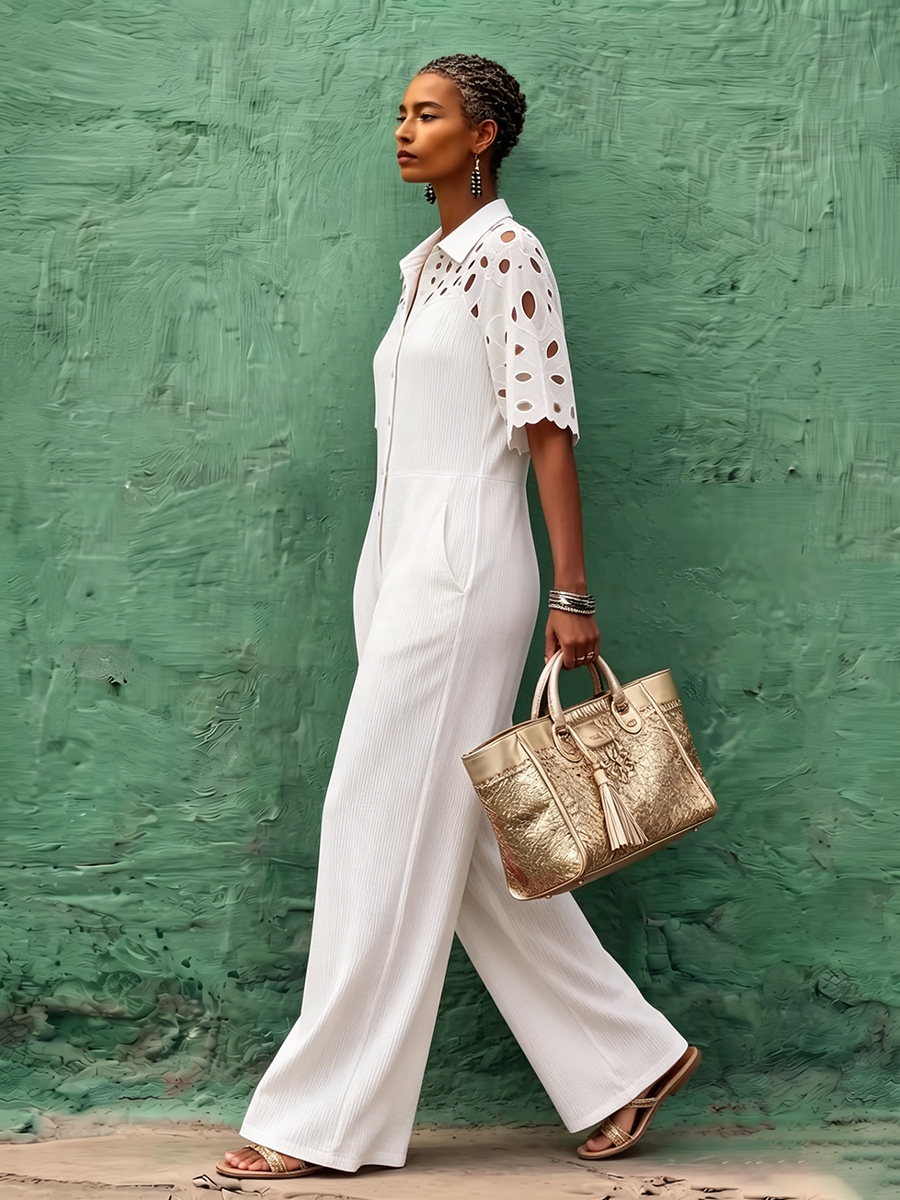 Eleganter schicker Jumpsuit mit floraler Spitzen-Einsatz-Strickoptik
