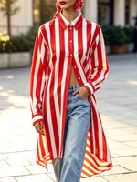 Camisa Casual Estilosa de Manga Comprida com Gola e Padrão Listrado Retro Chic