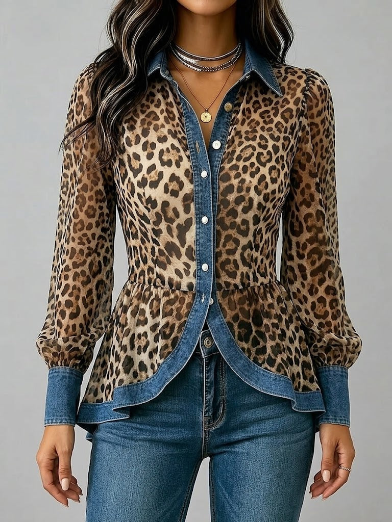 Camicia casual e alla moda in denim cucito e stampa leopardata