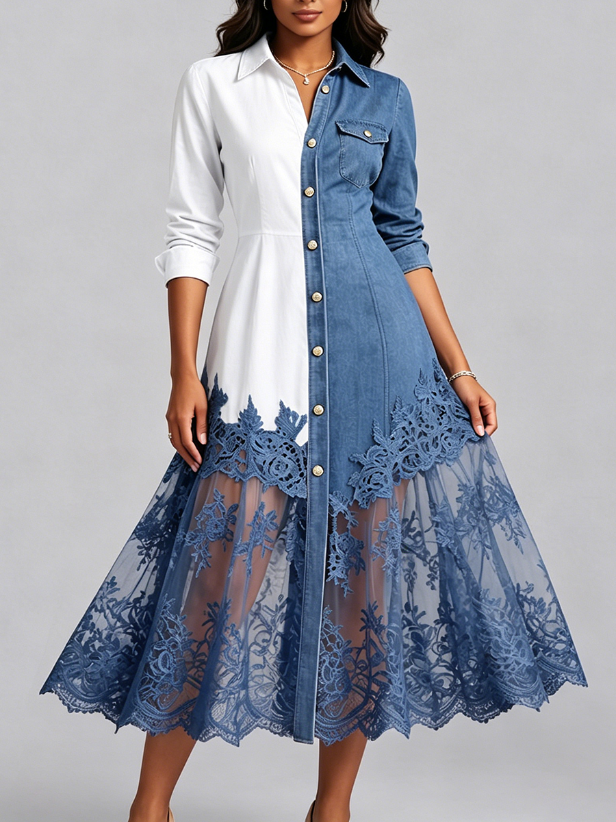 Elegantes Jeanskleid mit zweifarbigem Spitzenabschluss