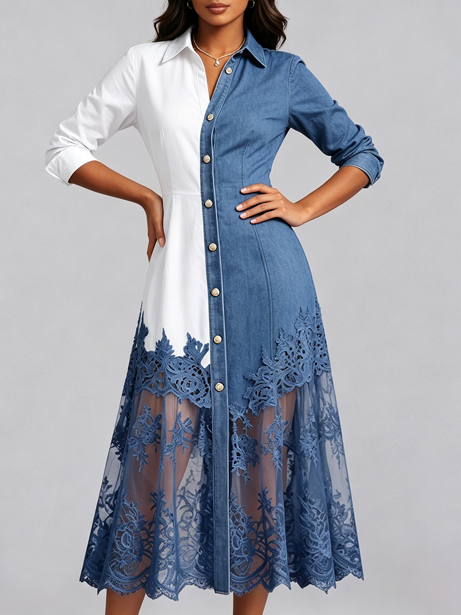 Elegantes Jeanskleid mit zweifarbigem Spitzenabschluss