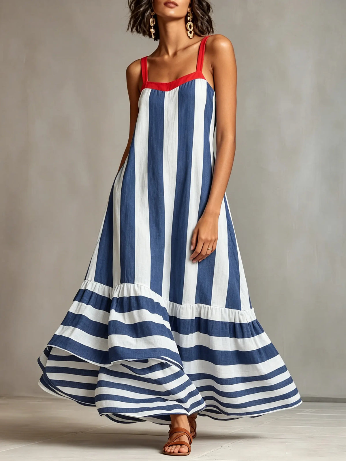 Vestido Maxi de Alças Finas às Riscas com Acabamento em Contraste para Mulher