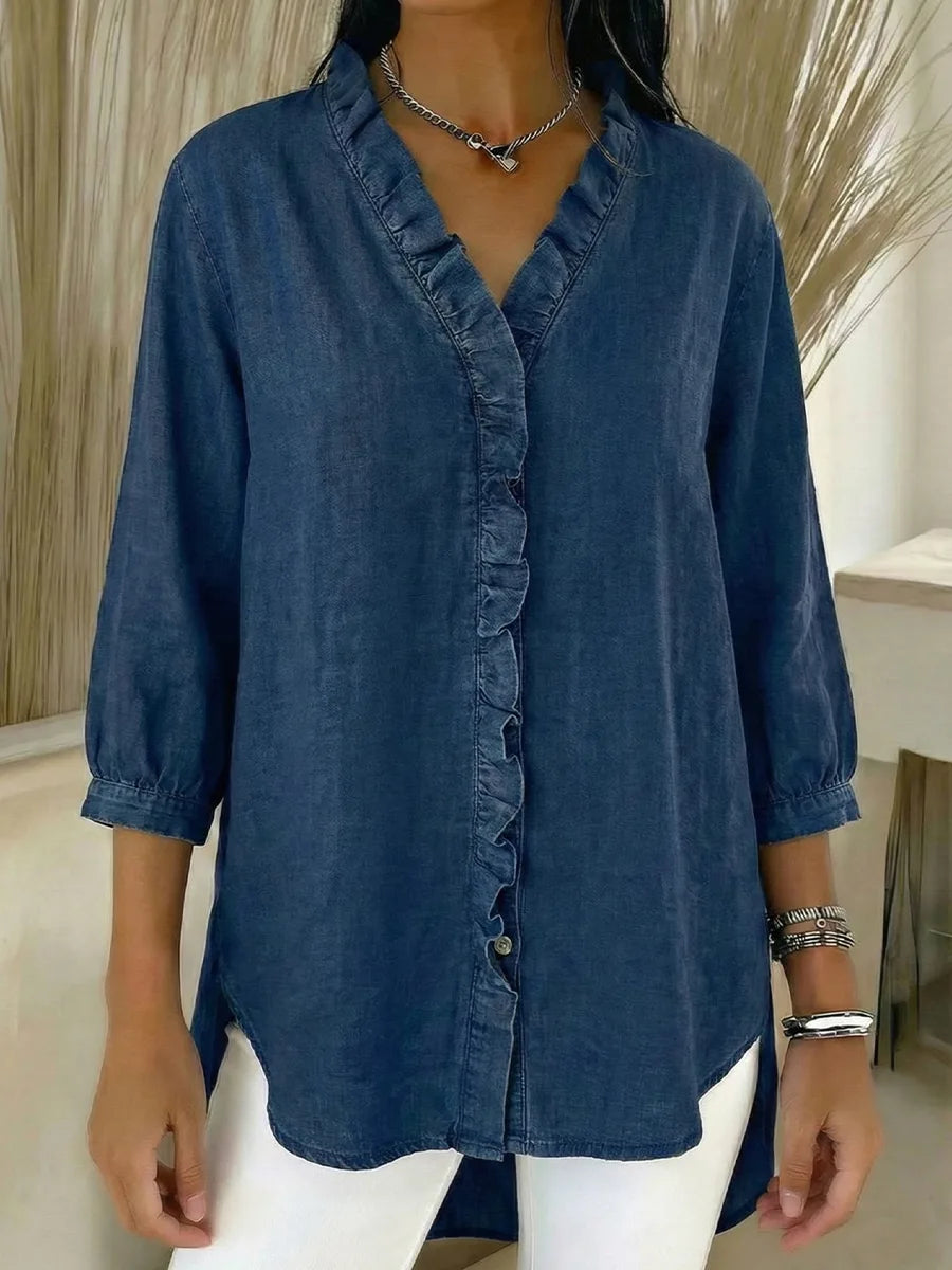 Camicia casual da donna in denim con scollo a V e volant