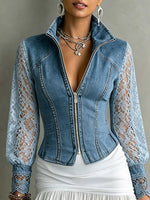 Retro denim- en kantpatchwork met opengewerkte rits, lange mouwen, artistiek casual stijlvol shirt