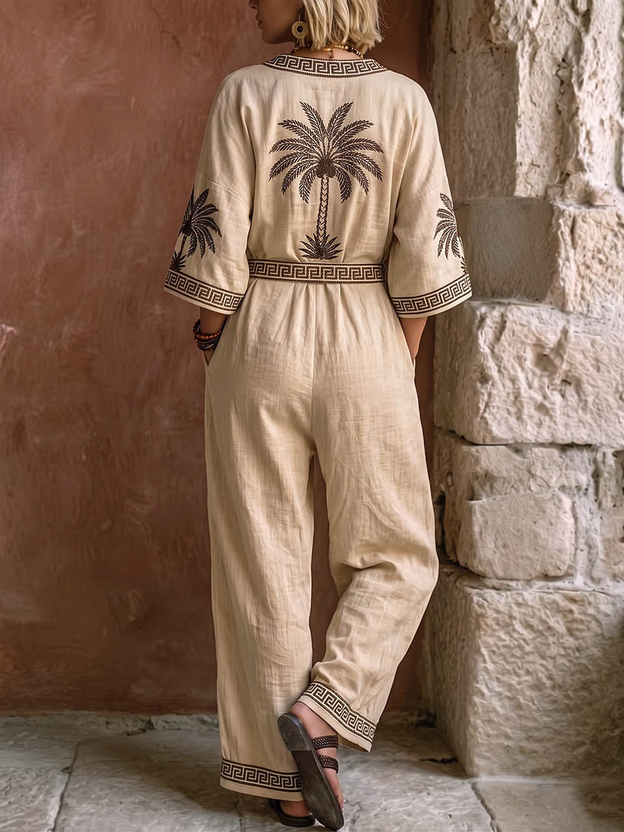 Damernas avslappnade lösa jumpsuit i bomulls-linne med vida ben, placeringsprint, V-ringning och 3/4-ärmar