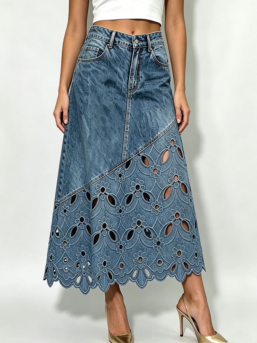 Boho-Blumenmuster mit Ausschnitten Asymmetrischer Denim-Midirock