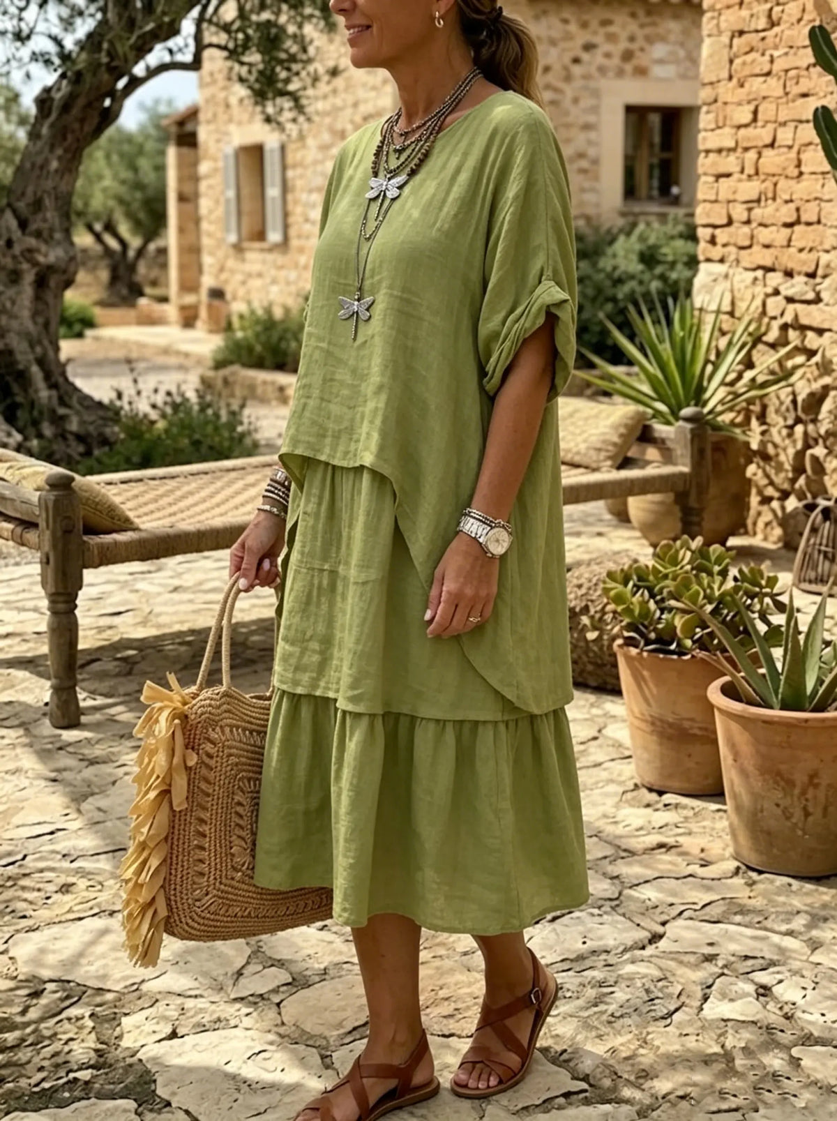 Robe midi à volants vert olive pour femme