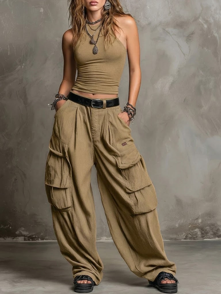 Set due pezzi casual e comodo con gilet in cotone e pantaloni cargo